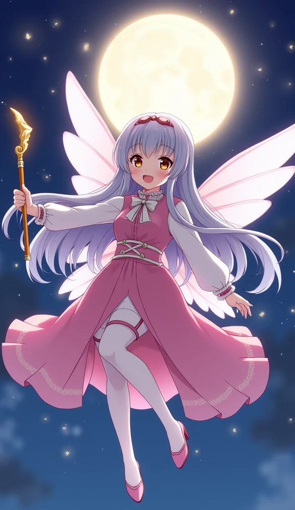 japanese anime style, high resolution, Magical girl, 12 years old, flat chest, Night Sky, smile, Golden Eyes, Gray Hair, Long Hair, Pink costume, Pure white skin, Fairy Wings, Magic Stick, Full moon background, Backlight, Flying in the air, wink,