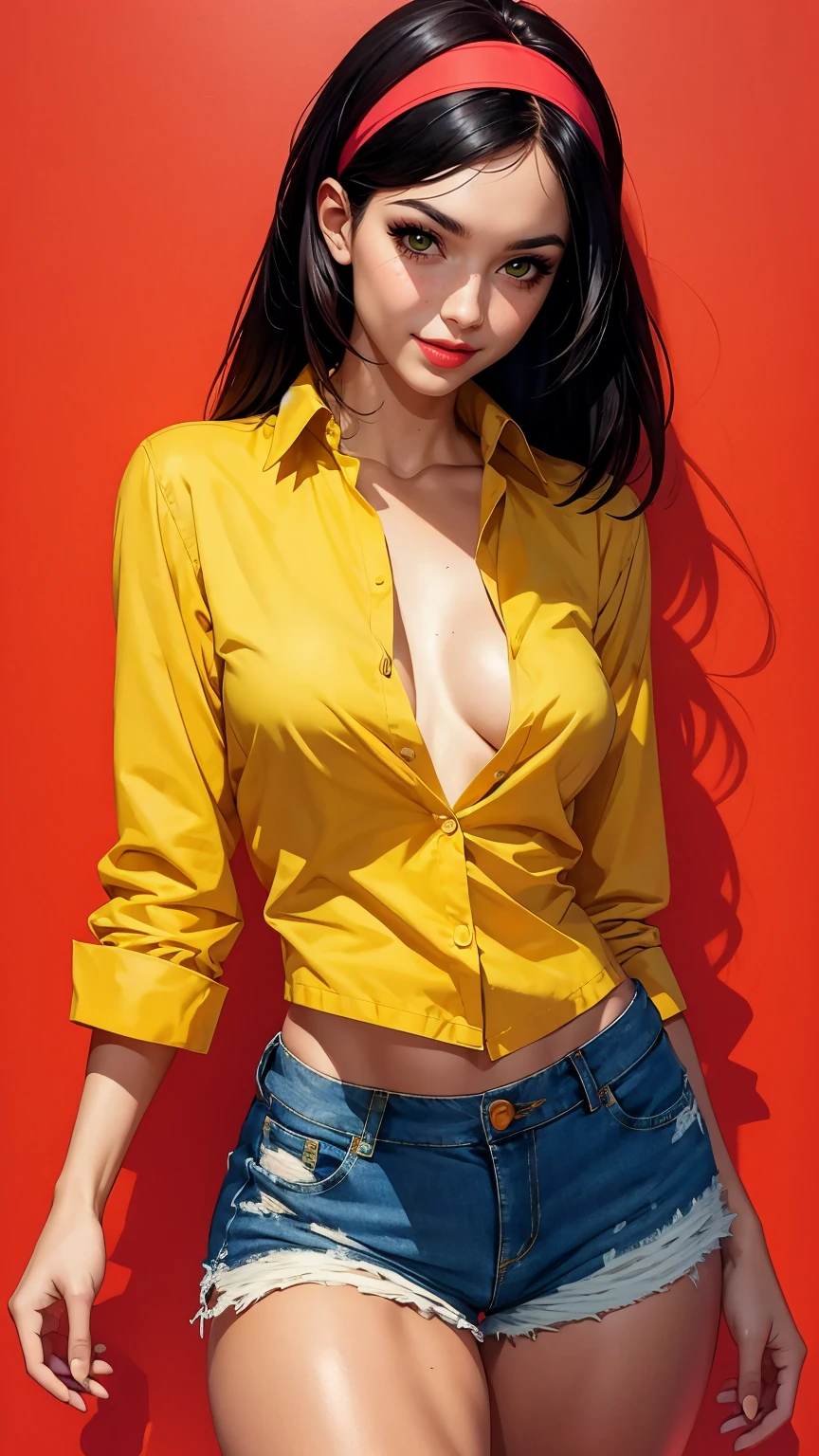 Alluring young girl, smile, collared shirt, unbuttoned shirt, sleeves rolled up, denim shorts, small breast, hairband, (wide hips), sexy thighs, ((straight hair)), comic retro style, (masterpiece, best quality:1.2), simple background