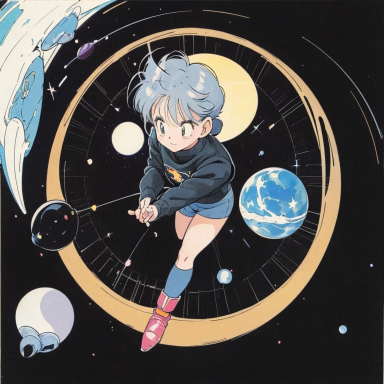 ((a cute girl)),gray hair,medium　short hair,black sweater,full body,flat fill,analogue,1990s,comic,Simple line art,retro anime,many colorful stars,plant,night,space,shooting star,Cute face、(Planetary orbits)、astronomy、mysterious、no gravity、Chrono Trigger,takahashi rumiko