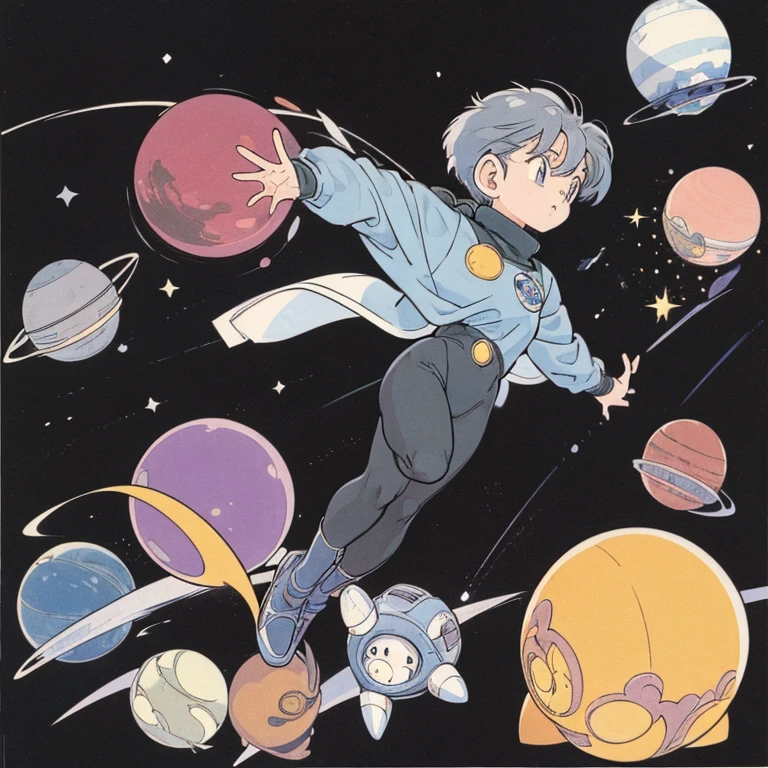 ((a cute girl)),gray hair,medium　short hair,black sweater,full body,flat fill,analogue,1990s,comic,Simple line art,retro anime,many colorful stars,plant,night,space,shooting star,Cute face、(Planetary orbits)、astronomy、mysterious、no gravity、Chrono Trigger,takahashi rumiko