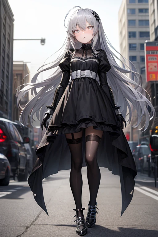 ((best quality)), ((masterpiece)), (detailed), 1 girl, full body, 18 years old, depressed face, pretty face, mask, silver eyes, blushing, silver hair, long hair, spiky hair, ahoge, bangs, strand of hair covering her right eye, full body, very tall, very small breasts, flat chest, thin body, gray hood, gray wristbands, long black gloves with spikes, gray dress, gothic ta dress, puffy sleeve, gray dress with metal spikes, blades on the steering wheel, metal emblem, somewhat tight, black belt, pale skin, black stockings, black shoes, walking in the city, looking at me, city background, anime