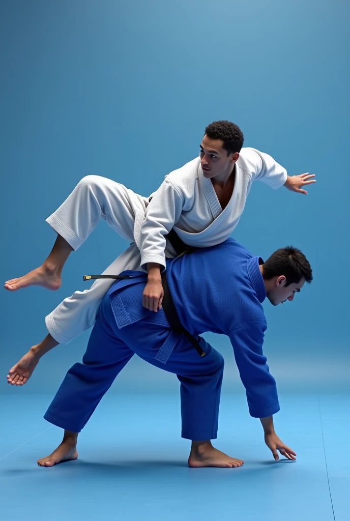 A judo fight with the athlete in white applying an uchi-mata to the athlete in blue