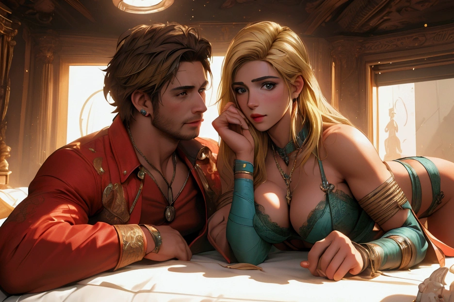 A hyper realistic photo in cyberpunk style with vivid and attractive colors, A blonde woman with a sexy and defined body, ela tem seios médios e está usando uma lingerie pequena e vermelha de tecido leve e fino, accompanied by her husband and her friend, The three have an air of passion for the situation and enjoy provoking, She is very excited and her breasts are showing., the two men are standing and shirtless, men have defined and muscular bodies, she is kneeling between them, With his hands cuffed behind his back, in the background of the image is your room, a little out of focus, digital painting style image, sharp focus, illustration art by greg rutkowski, nsfw,  (melhor qualidade,4K,8K, alta resolução,obra de arte:1.2),Ultra-detalhado,(realista,photorealista,photo-realista:1.37),HDR,iluminação de estúdio,rosto e corpo extremamente detalhados, Retrato,iluminação cinematográfica,iluminação dramática,tons de cores quentes,cores dramáticas, Semente 13021530.