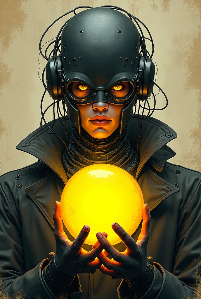 a male cyborg with mechanical head parts and wires, yellow eyes, black makeup, grunge background, man in gas mask looking at yellow magic ball, grunge background, dirty beige background, (best quality,4k,8k,highres,masterpiece:1.2),ultra-detailed,(realistic,photorealistic,photo-realistic:1.37),digital painting, artwork by AIDA_ColGruBioMec:1.3, AIDA_ColGruBioMec style