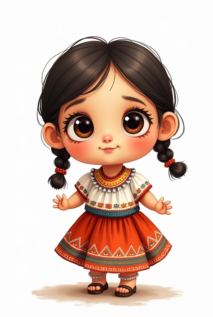 Create an animated cartoon image, handmade of a cute little doll with big eyes and braids, with typical costume originating from the culture of Guatemala. on a white background