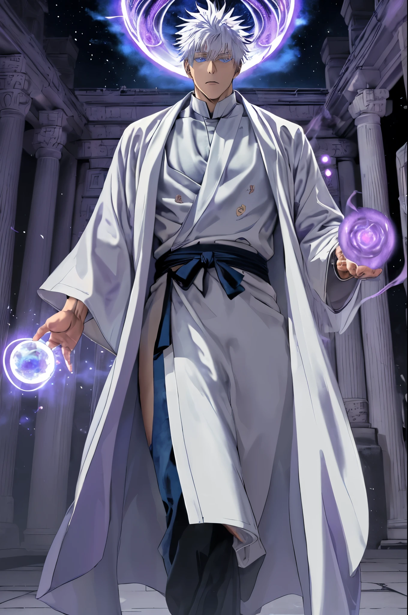 (masterpiece, illustration, anime:1.3), 1 person, Satoru Gojo from Jujutsu Kaisen, (mafia stylish clothing:1.2), Satoru Gojo(face), large white leather jacket(wool jacket), gala suit(mafia), standing inside a temple at night, (messy white hair:1.1), (blue eyes emitting blue light:1.2), (calm expression:1.1), (uncovered eyes:1.1), (powerful presence:1.2), (mystical atmosphere:1.2), (subtle moonlight:1.1), (intricate temple architecture:1.2), (ominous shadows:1.1), (flowing robes:1.1), (detailed folds and creases:1.1), (intense purple aura:1.2), (symbols of power surrounding him:1.1), (magical energy radiating:1.2), (spellcasting gestures:1.1), (mysterious artifacts:1.1), (ethereal particles:1.1), (dynamic pose:1.2), (epic soundtrack:1.2), (sense of awe:1.1), (magical prowess:1.1), over power, power up, sphere, extreme, focused.