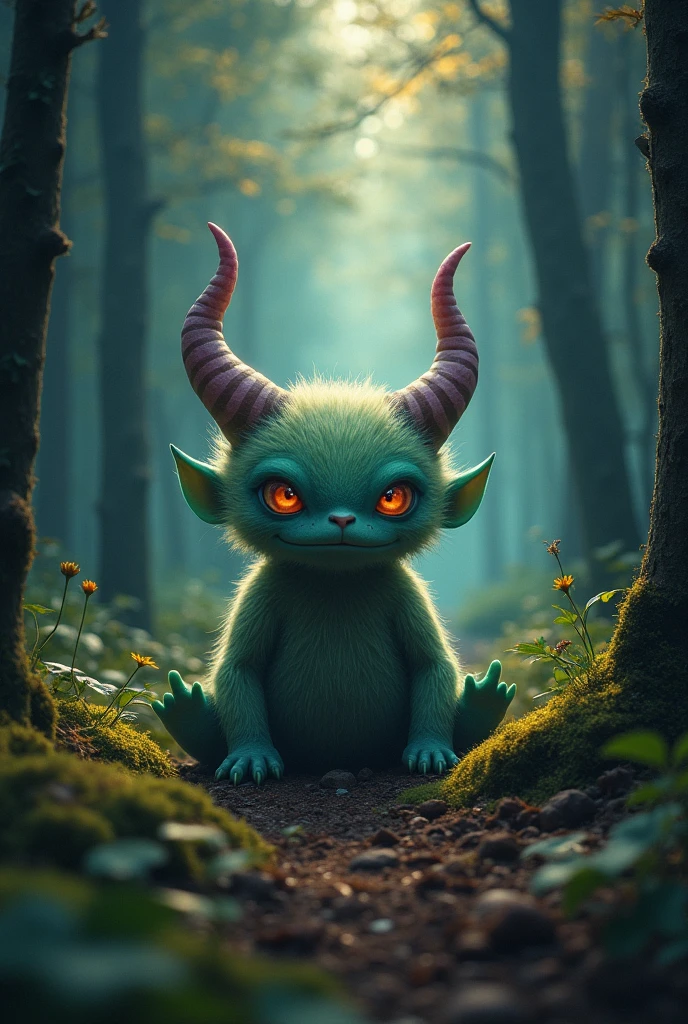 I am the cutest monster on the planet who lives in a magical forest waiting for the hope of the new world to arrive. , very real style magic forest magic colors , 24k unique piece photographic composition piece of art real shadows , composition rules of cinema