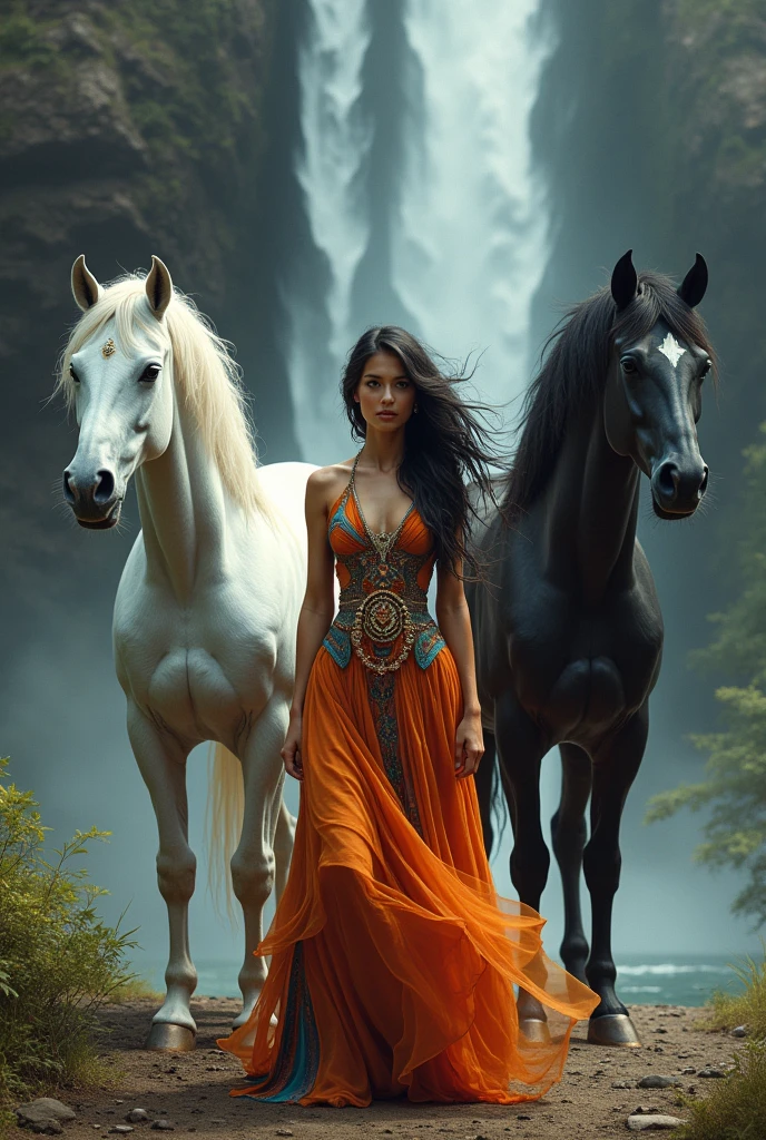 Create an image with movements of a beautiful gypsy woman next to a white horse and a large black horse with a large waterfall in the background