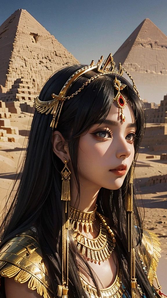 Image of graceful Cleopatra against the backdrop of the Egyptian pyramids, a dramatic golden sunset.
