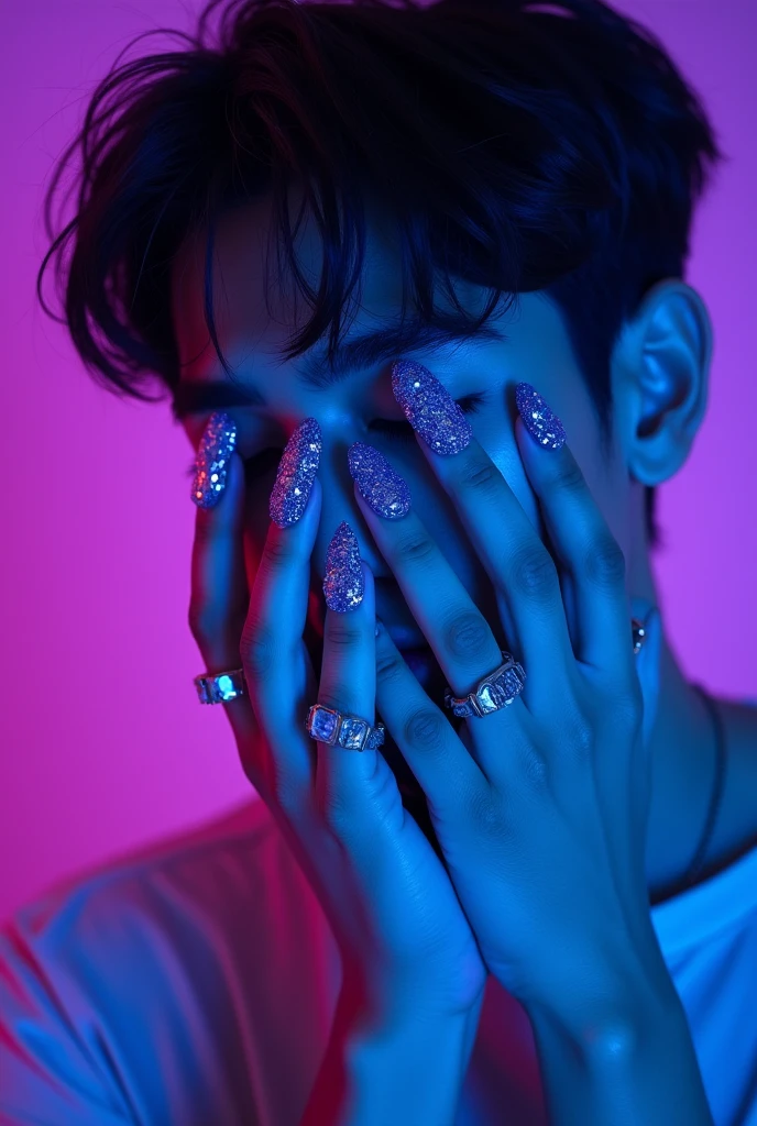 Jhope From BTS both close with their faces with some blue crystals Purples