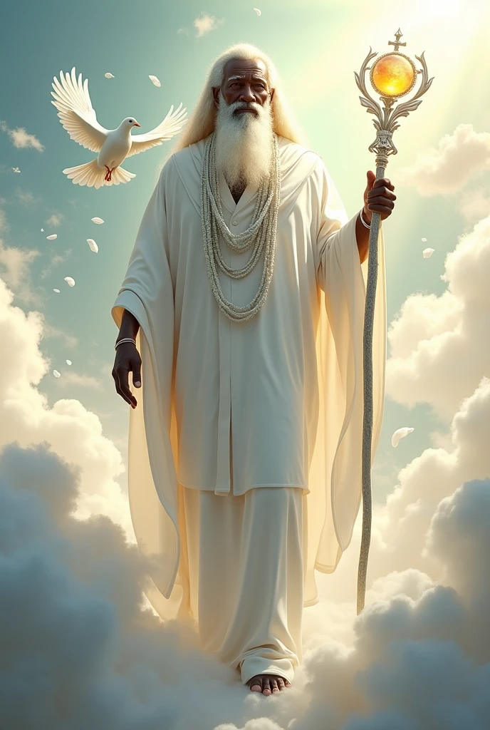 Orisha Black Man, elder, white bearded, Walking on clouds, White tunic, white necklaces, holding a white dove in his hand, silver staff with globe, sun shining 