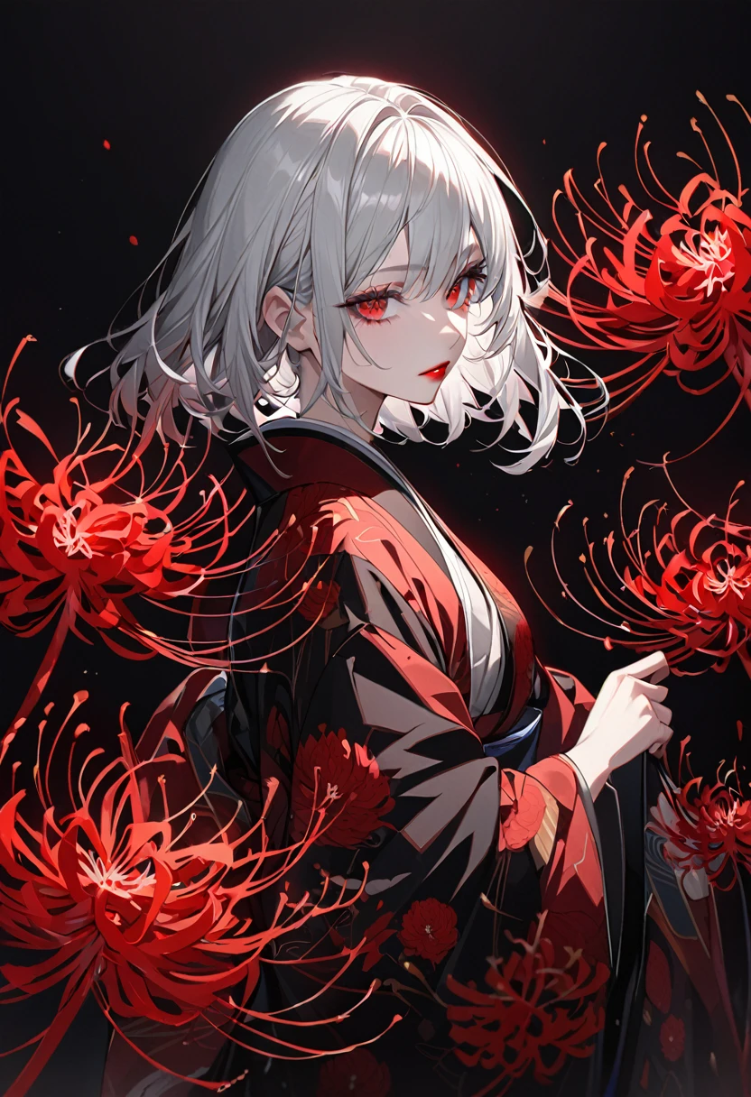 Girl in kimono, White medium hair, Red eyes, Red lips, A kimono with a red spider lily on a black background, Red splash pattern on a black background, super high quality, Ultra-fine detail, Very thin handle
