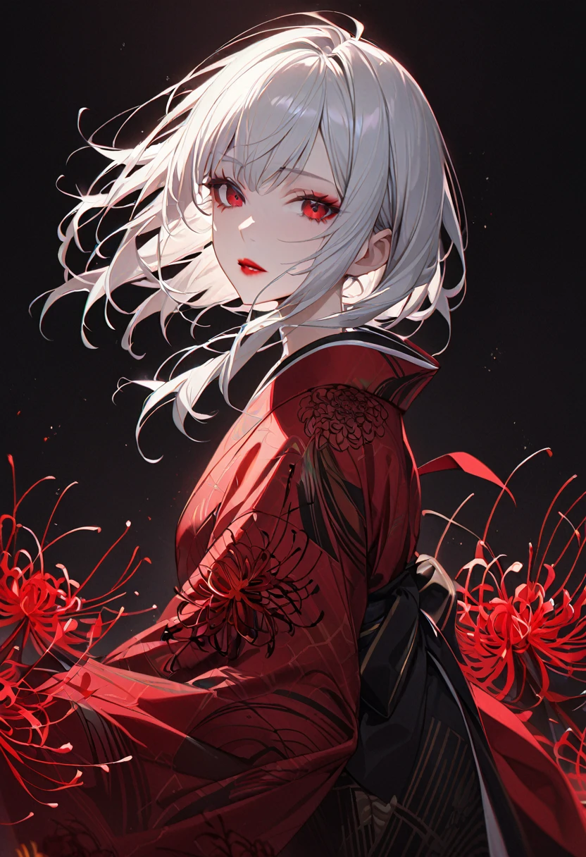 Girl in kimono, White medium hair, Red eyes, Red lips, A kimono with a red spider lily on a black background, Red splash pattern on a black background, super high quality, Ultra-fine detail, Very thin handle