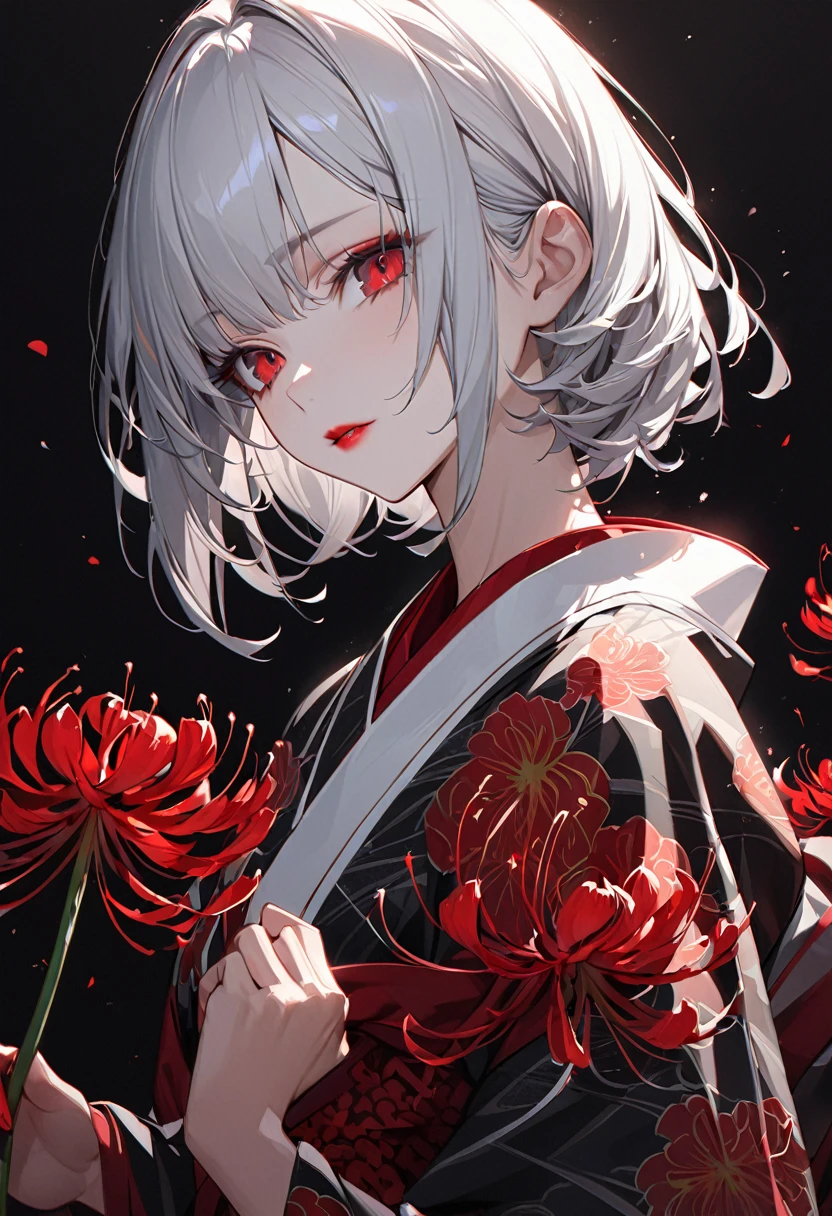 Girl in kimono, White medium hair, Red eyes, Red lips, A kimono with a red spider lily on a black background, Red splash pattern on a black background, super high quality, Ultra-fine detail, Very thin handle