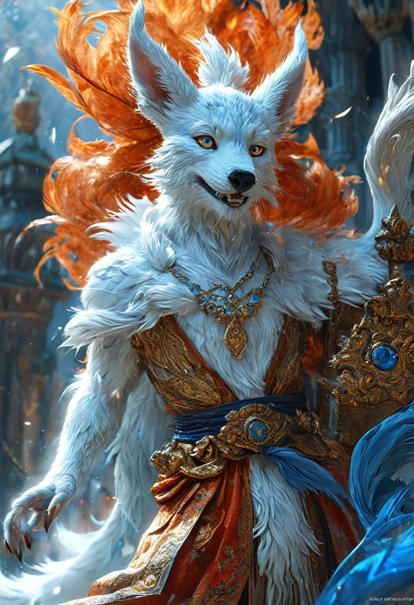 Anthropomorphic kitsune-satyr monk. red fur. Old, wrinkled ancient, decrepit. Crystal blue eyes. wise face. wizened. long detailed fingers. Official Art – An Award-Winning Digital Masterpiece In 4K Ultra HD, Extreme Detail And Intricate Realism. Symmetrical Face. This bright and colorful Concept Art Brought To Life By The Hands Of Artists Like Wlop & Artgerm In A Stunning 2D Vector Illustration. Background Is A Panoramic Vista.
