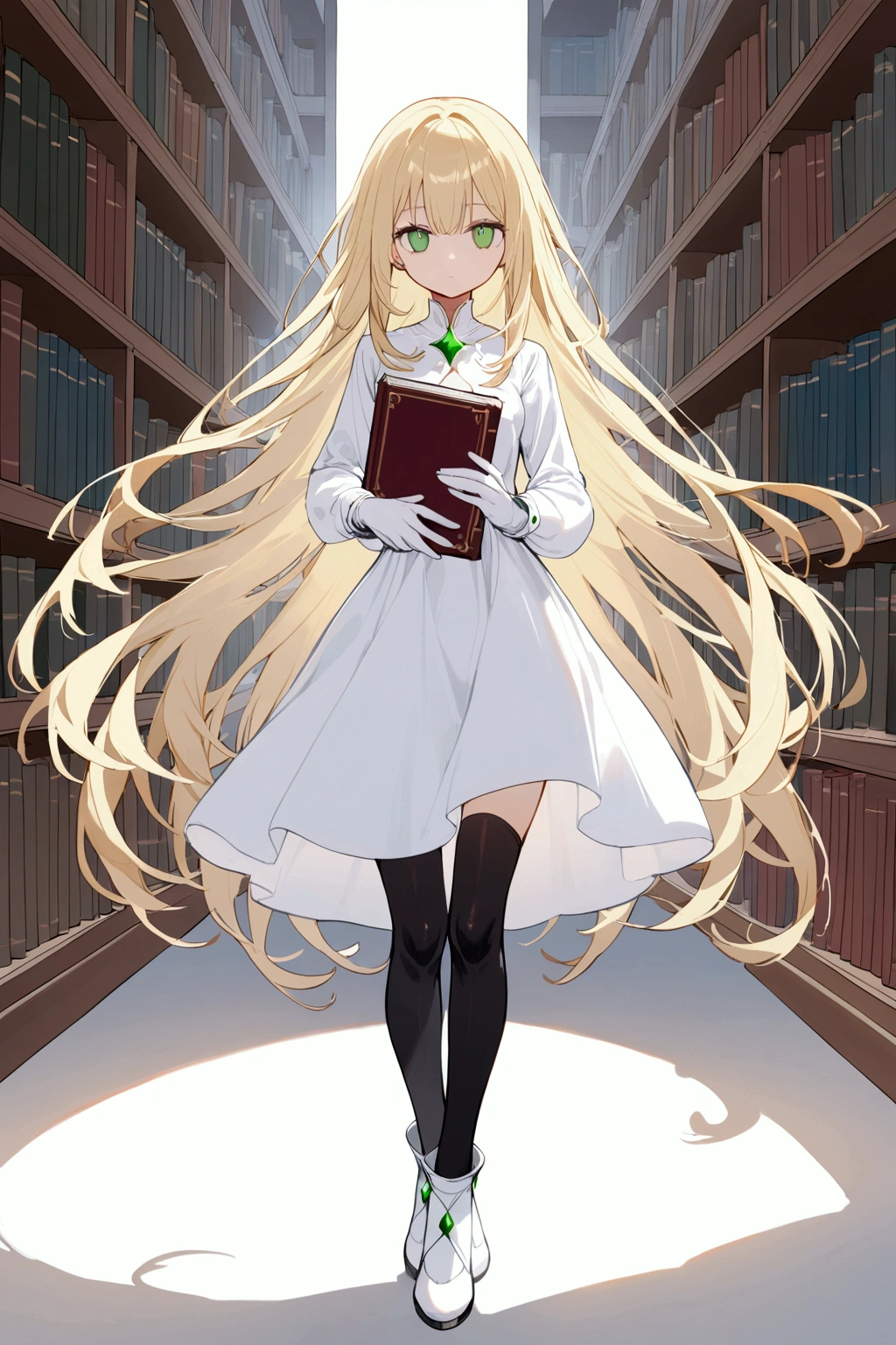 1 woman, alone, library, white dress, Ball joints, long sleeves ,long hair, blond hair, Green eye, looking at viewer, whole body, small breasts, expressionless, black stockings, White shoes, Eyes without pupils, white gloves, holding a book in one hand