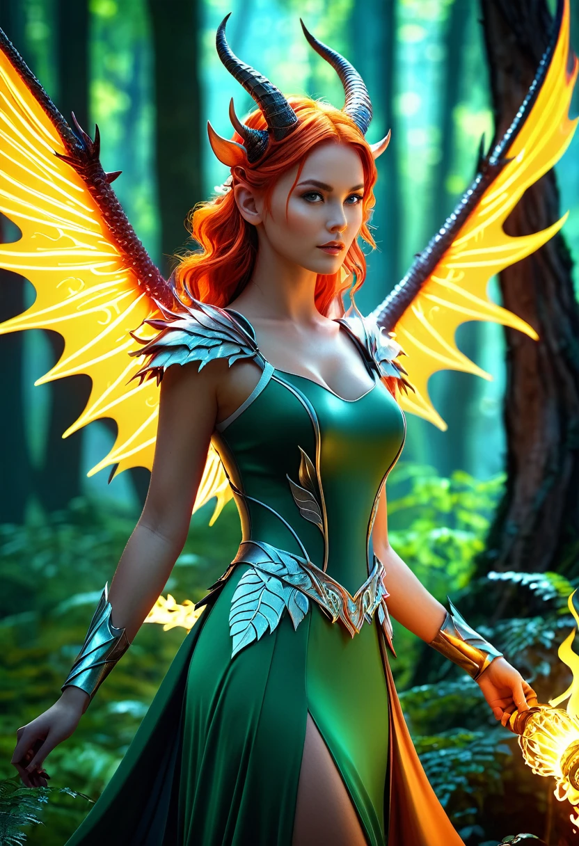 A beautiful girl with flaming hair and wonderful horns in a magical forest, 3D Realistic Animation, CGI animated fantasy work, Realistic animation in 3D style, Debian Art Art Station cgscosiety, Digital Animation Art, art, detailed Digital Animation Art, shining, A gorgeous dress made of fluorescent lights, detailed with detailed descriptions:1.2, Overwhelmingly detailed dragon wings, masterpiece, Surreal Ultra HD picture quality, 