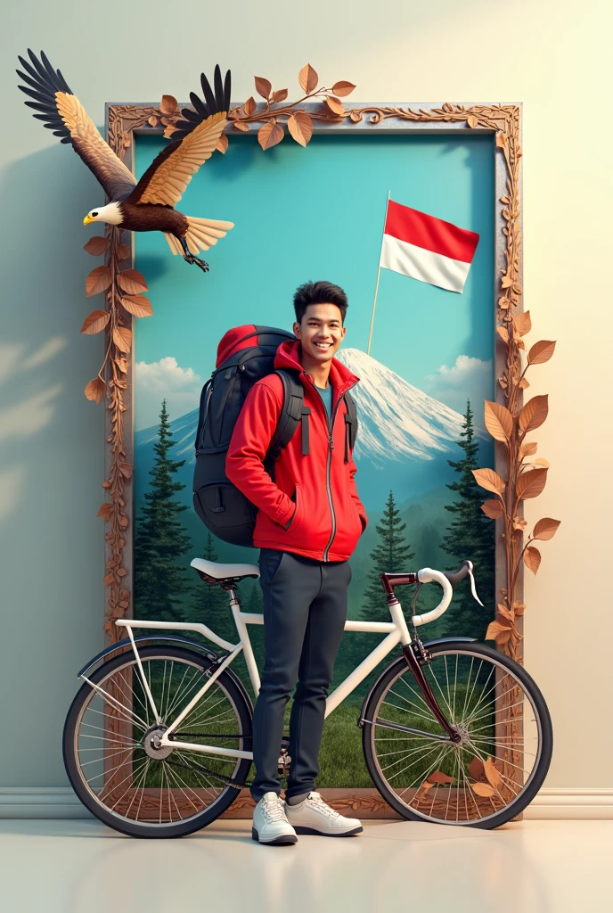 Gambar 4D abstrak seorang pria ganteng tersenyum memakai jaket red dan memanggul ransel,sebuah bendera red putih indonesia,standing with a white mountain bike next to him, hands on the handlebars,hat,flying eagle,tree mountain,contrast in a cracked frame of shining platinum metal,whole picture with color,,milk gold,blue,red,green,black,cream with a touch of neon on the side of the frame and a reflective shadow at the bottom of the frame,side fiew