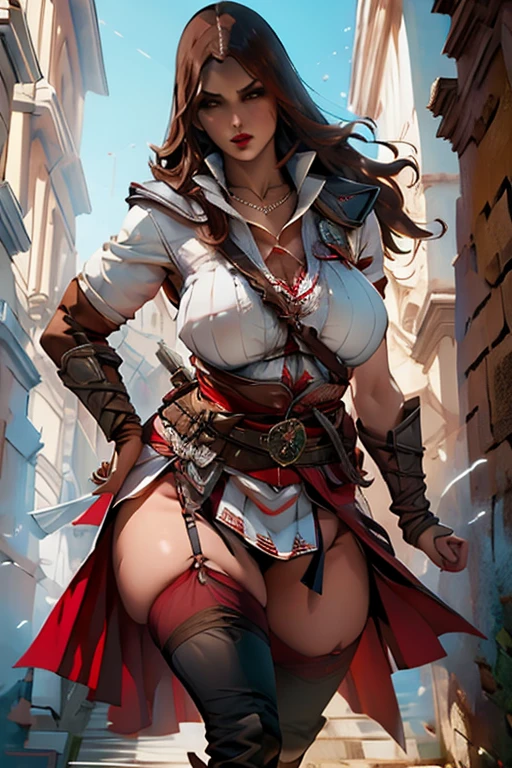 The woman, poca CLOTHES, CLOTHES, knee high boots, Bracelets on the legs, socks, stockings, Florence in the background, Florence, ((evening, night,)) renaissance, very detailed birth, Realistic long-term photography., 4k, by the wide, brown hair, By the chestnut, Red lips, ((shocks, garagantilla)),bracelet, sexy,red lips, brown eyes, big breasts, big breasts, Lucia Auditore