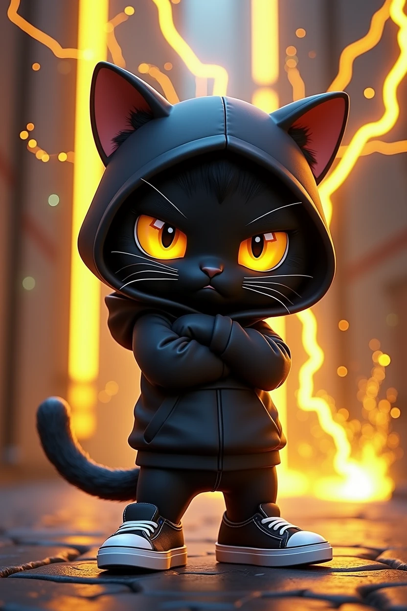 Create game character of (((Koro))) a cute chibi-style black cat with yellow eyes in a lightning element theme, rendered in a Disney Pixar 3D art style. The cat should be in a jumping pose, frowning with arms crossed in front, wearing a black sweatshirt hoodie with matching black sneakers. The background should include a vibrant and dynamic scene with electric sparks, lightning bolts, and a neon black and yellow color scheme.