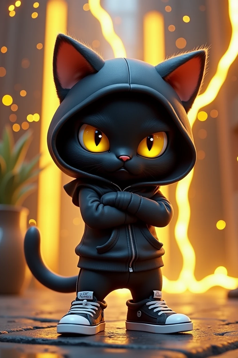 Create game character of (((Koro))) a cute chibi-style black cat with yellow eyes in a lightning element theme, rendered in a Disney Pixar 3D art style. The cat should be in a jumping pose, frowning with arms crossed in front, wearing a black sweatshirt hoodie with matching black sneakers. The background should include a vibrant and dynamic scene with electric sparks, lightning bolts, and a neon black and yellow color scheme.