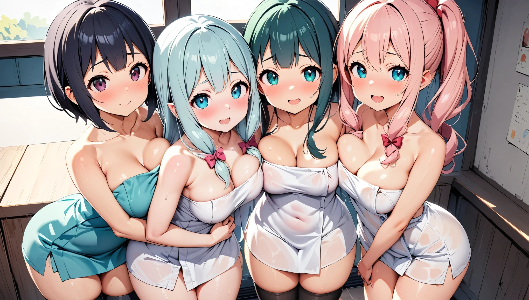 (yuri, yuri sex, NSFW), (curvy, Slender, sexy body line), (breast press), symmetrical_docking, 4girls, 1girl, Izumi Sagiri, eromanga sensei_1girl, Senju Muramasa, eromanga sensei_1girl, yamada elf, eromanga sensei, docking, (beautiful detailed eyes, tareme), bent over, (middle breasts), (small cleavage out), (Naked Towel, (see-through Naked Towel, 粘着性のあるNaked Towel)) , black thigh highs, Highest quality, Super detailed, masterpiece, Ultra-high resolution, 8k,