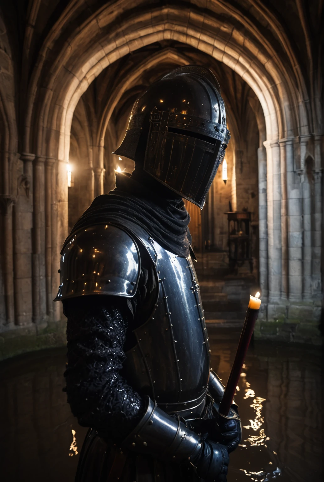fisheye lens, portrait photo of medieval knight standing inside a gothic church, wet stone, puddles, infinite vaults, bloodborne, dramatic light, low key, candle light