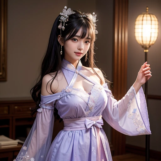 best quality, Delicate face，beautiful visual work, lifelike, eternity, black hair, Long curly hair, blunt bangs, Smile, Detailed Background, Delicate face，blush，cold，((masterpiece))、(top quality)、8k、high detail、Super detailed，21 years old female，Wearing Tang Dynasty Hanfu、waist skirt, Clothes are light and fluffy，Hanfu, wide sleeves, Transparent sleeves, Tunic, Clothes made of chiffon, Seductive and whimsical style、masterpiece、born、Intricate details and complex designs、Beautifully、magic、capricious、 Beautifully、Dream aesthetics、「𝓡𝓸𝓶𝓪𝓷𝓽𝓲𝓬、ethereal、charming、fickle、magic」、Realism、Visual effects、FXAA、SSAO、Shaders、voiceless、ambient lighting、Tone mapping、High resolution、Ultra high quality、Million pixels、(8K resolution:1.10)、8k、Below 8K、8K resolution、high detail、intricate details， (high quality:1.2、masterpiece:1.2、:1.21)、(21 years old female:1.21)、(Smile excitedly)、(Surrounded by a dream-like atmosphere、Model diagram，full-body shot，Normal 2 feet，Put your hands behind you，The protrusion of the breast is visible when wearing clothes, Large Breasts, H cup chest, antiquity, Xian Xia, gauze clothes, Soft and fluttering, Fairy, dream, fantasy, light, elegant, nature, Immortal, romantic, classical, ribbon, light purple clothes