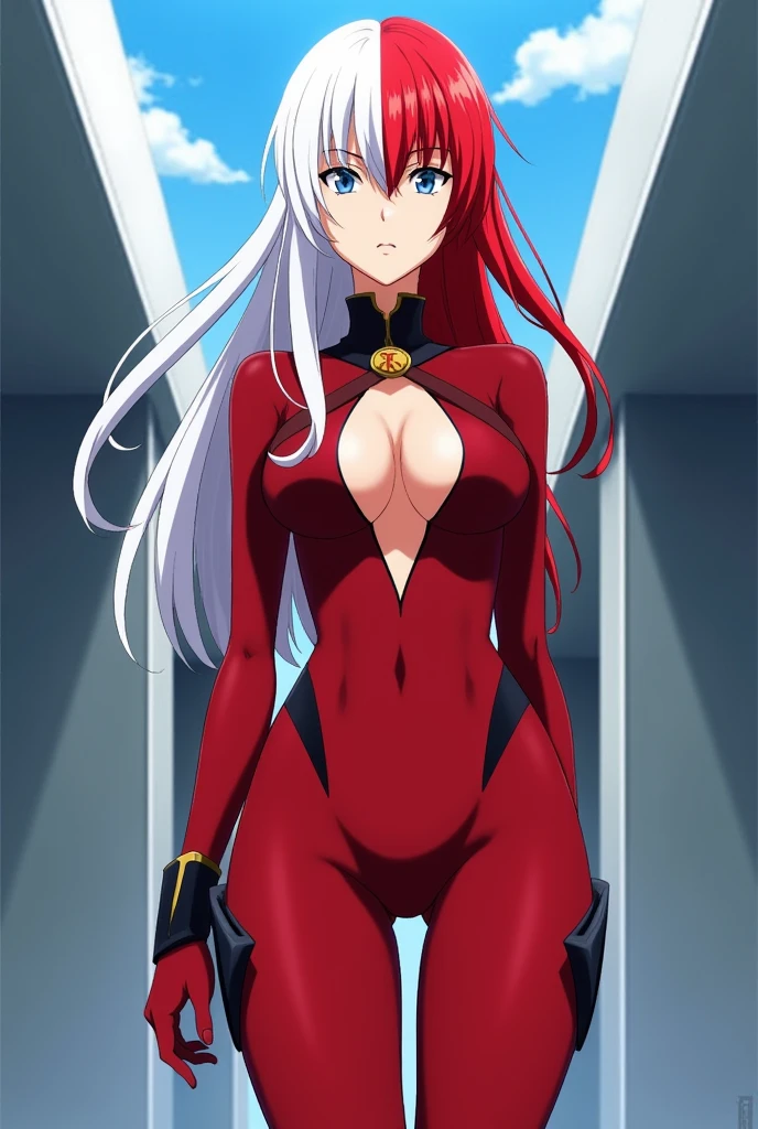 create screenshot Boku no hero academia of a girl with long white hair on the right side and red on the left side has a serious expression + He wears a hero suit that is red and is a bodysuit with an open front. + has a layer + is stopped + modern building background, Whole body