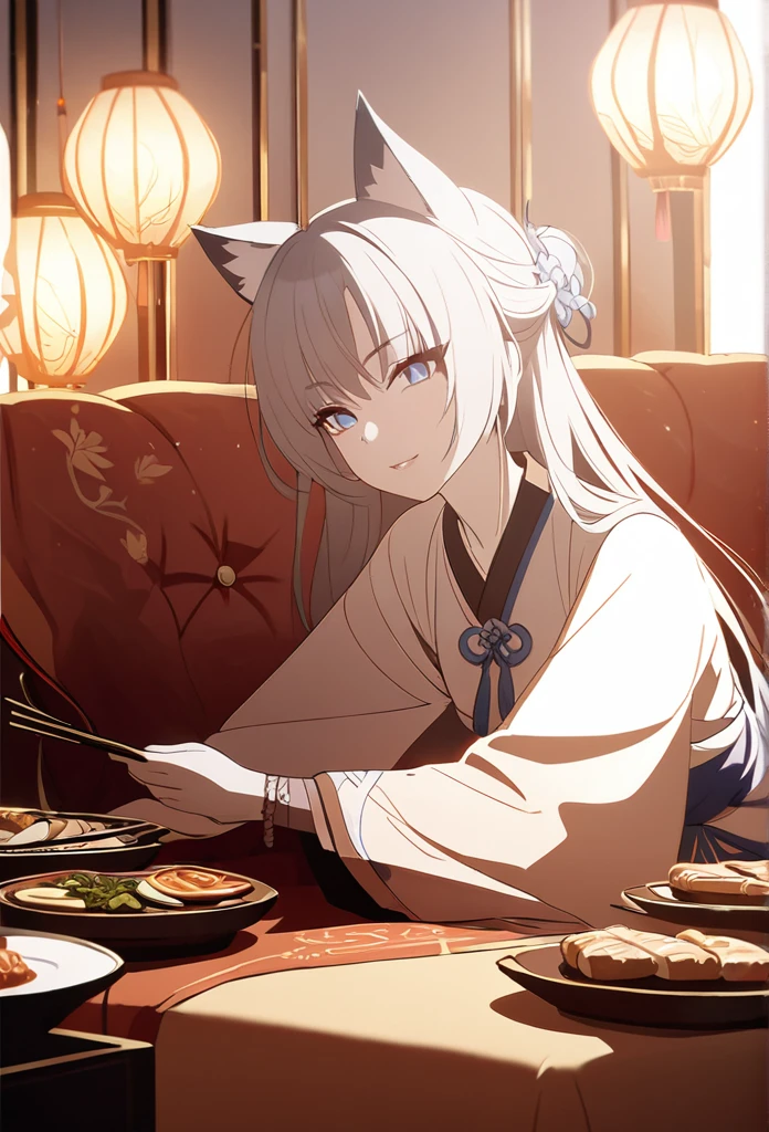 a girl with wolf ears, long silver wolfcut hair, pale skin, blue iris eyes, serious expression, wearing traditional white chinese hanfu clothes and accessories, kneeling on a cushion with a small table of light foods and chinese side dishes, satisfied expression and smile, (best quality,4k,8k,highres,masterpiece:1.2), intricate details, porcelain skin, elegant, delicate, cinematic lighting, natural lighting, warm color tones, chiaroscuro, ethereal, fantasy, digital art, concept art