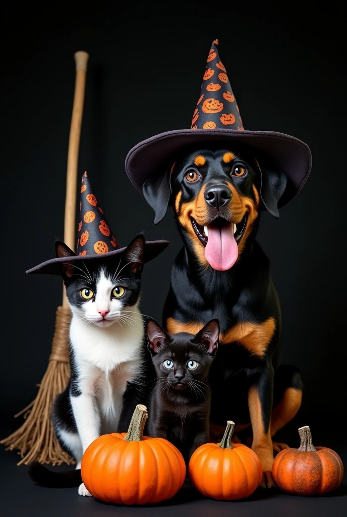 Realistic photo of a large adult black and white cat with a black spot near its nose and wearing a witch's hat, a black kitten with a witch's hat and a Rottweiler-style dog with a witch's hat, all with short fur, black backdrop, witch's broom and halloween pumpkins