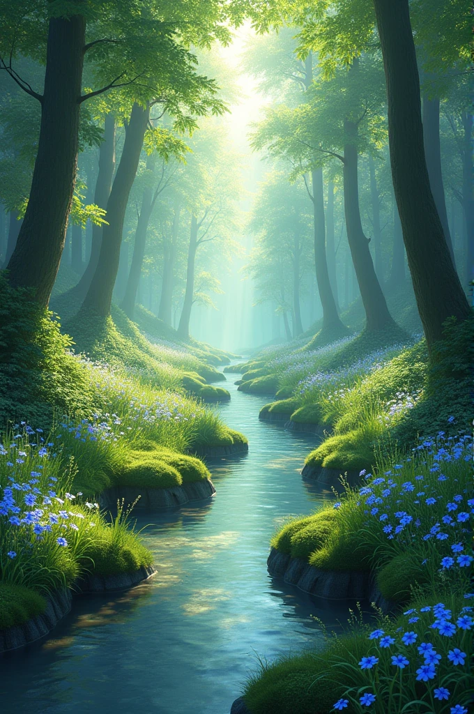 The dense forest opens into a tranquil clearing, where sunlight filters through the canopy above, casting dappled patterns on the moss-covered ground. A small, crystal-clear stream winds through the center, its gentle babble the only sound breaking the serene silence. Wildflowers, in every shade of blue and purple, dance in the breeze, adding splashes of color to the lush greenery.