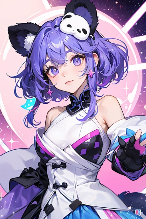 (maximum high quality, master part), 4k resolution, Ambiente limpo e bonito, foco nítido, 1 girl, lindo violeta cabelo longo, lindos olhos azuis, Cool colorful wizard hat, roupas de bruxo coloridas frescas com um decote circular, fechar olhando para a tela, corpo adulto, serious and calm look, medieval, big breasts, young adult.