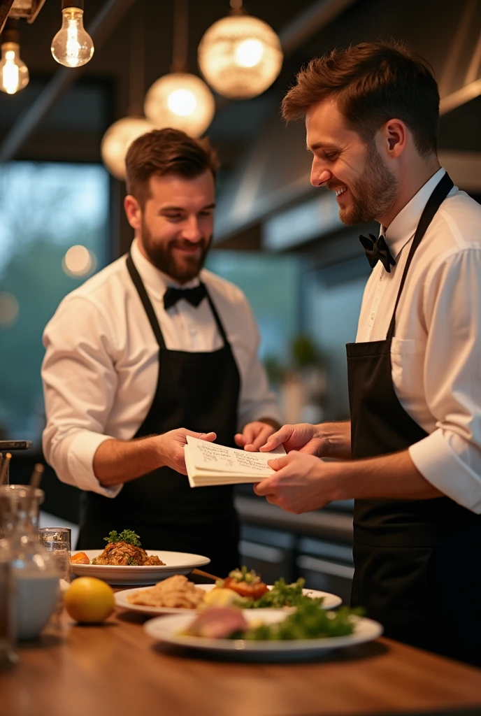 I need an image of a waiter giving the cooks the diners&#39; orders on a note. It can be seen that the waiter is handing the cook a note with the orders so that he can start cooking.







 



