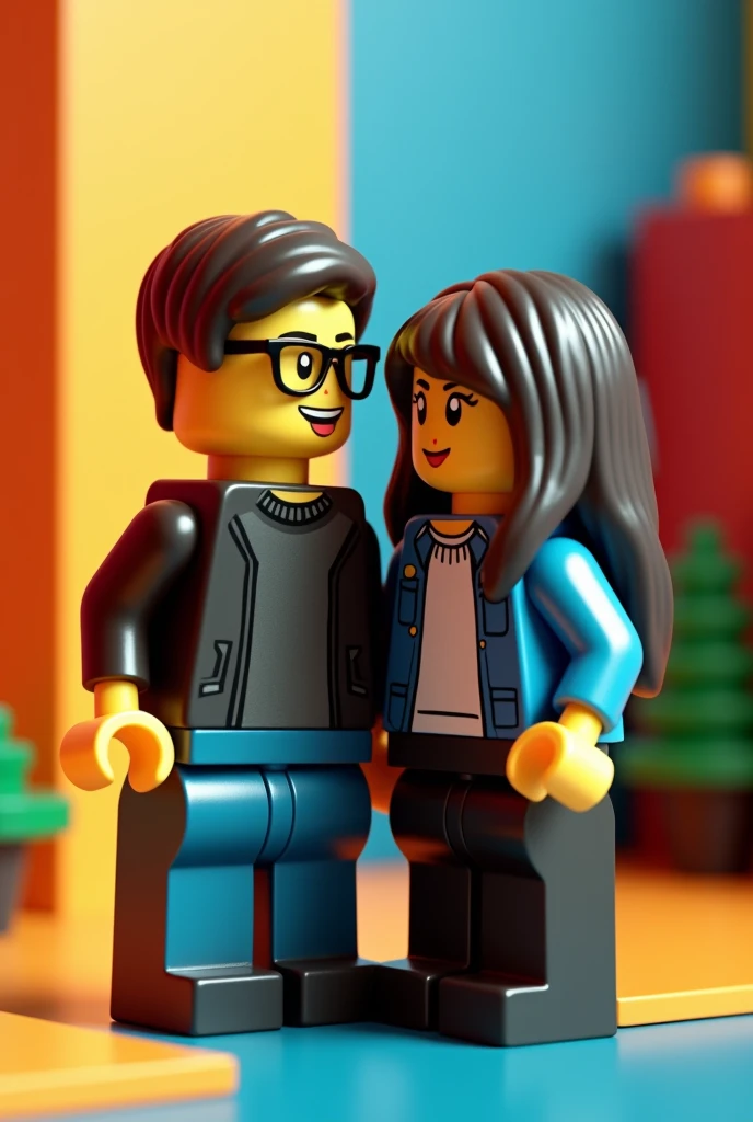 yo (a girl with bangs and glasses who loves to wear black) and my boyfriend (straight full hair loves football) in lego