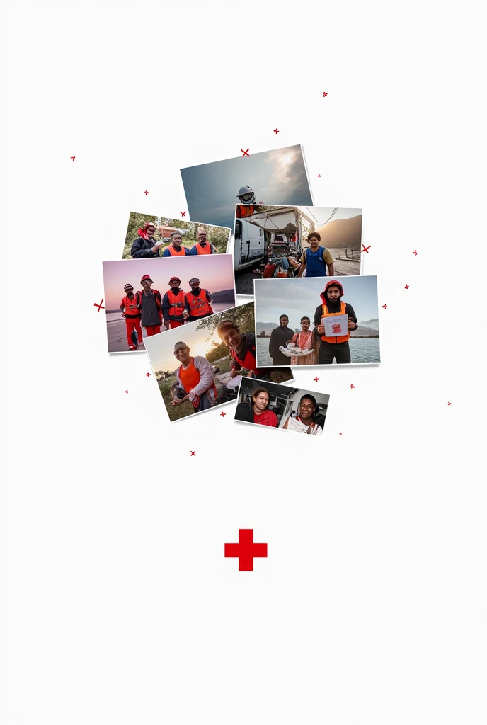 Advertisement,red cross,many floating pictures depicting rescue missions HIV awareness,white background, 
