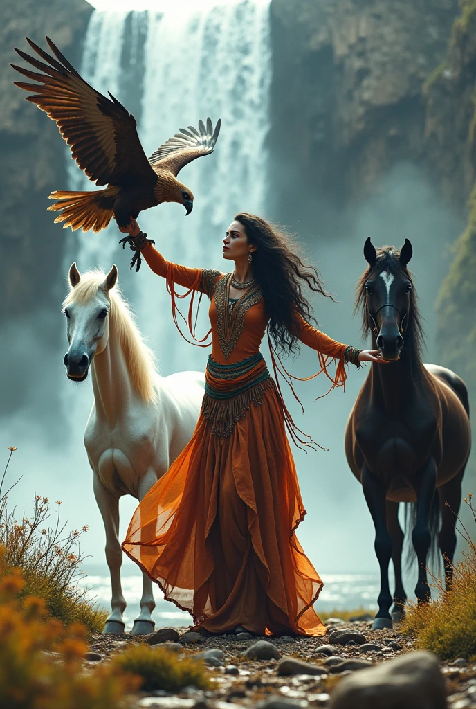 Create an image with movements of a beautiful gypsy woman with an eagle in her hand and next to a white horse and a large black horse with a large waterfall in the background and