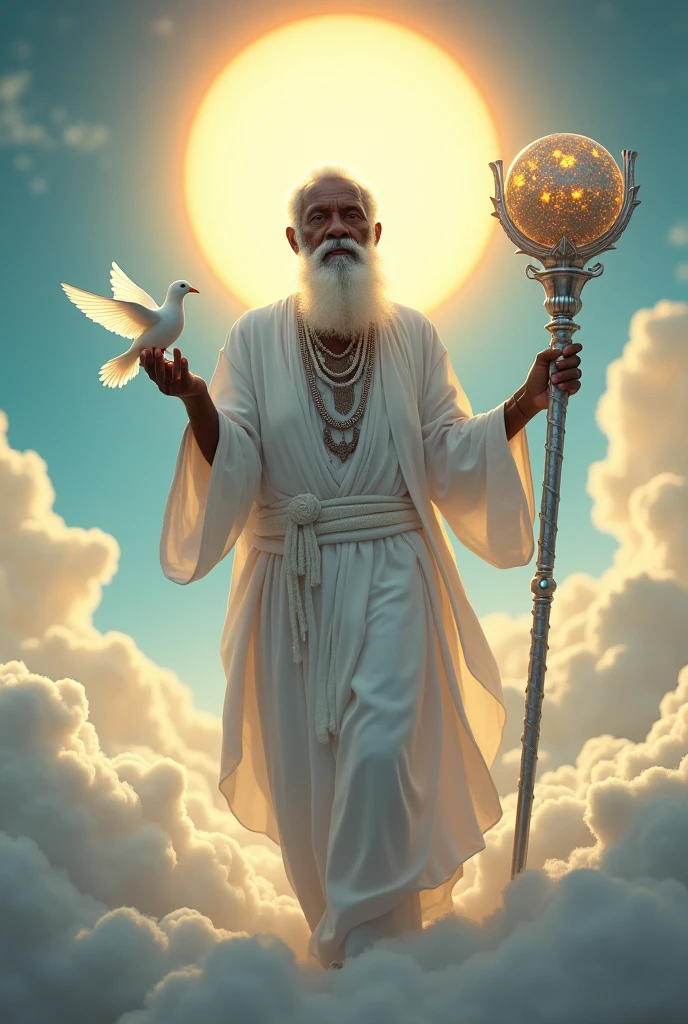Orisha Black Man, elder, white bearded, Walking on clouds, White tunic, white necklaces, holding a white dove in his hand, silver staff with globe, sun shining