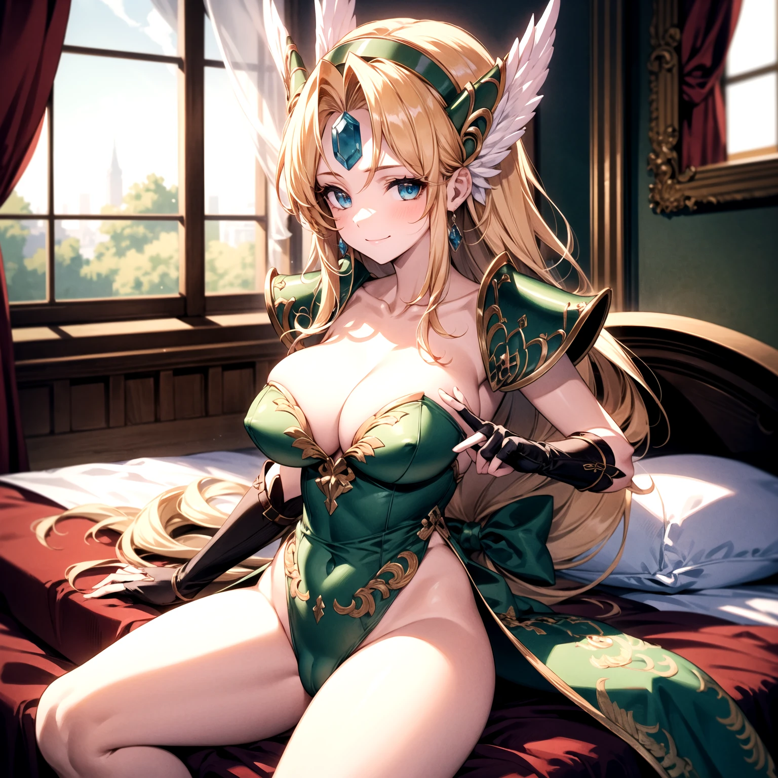 masterpiece, best quality, ultra detailed,score_9, score_8_up, score_7_up, score_6_up, score_5_up, score_4_up,masterpiece, best quality, highres, Young female, Beautiful Finger, Beautiful long legs, Beautiful body, Beautiful Nose, Beautiful character design, perfect eyes, perfect face, expressive eyes, 1girl, solo,Rieze,seductive smile, blush, cowboy shot, , bedroom,huge breasts,lie on bed,spread legs,cameltoe,cleavage between breasts,Green Dress, gloves, bow, Cleavage, jewelry, Bridal Gauntlet, armor, shoulder armor,