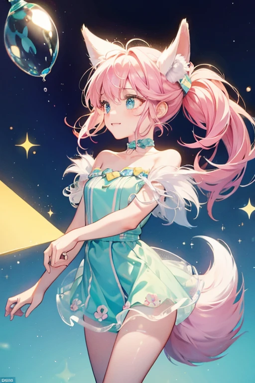 Scruff the girl Dog is pink with light blue ears, legs, and tail, a white muzzle, and a yellow, green, and light blue striped pattern made of square shapes. she blows a white sparkly bubble. SPARKLE; GLITTER
