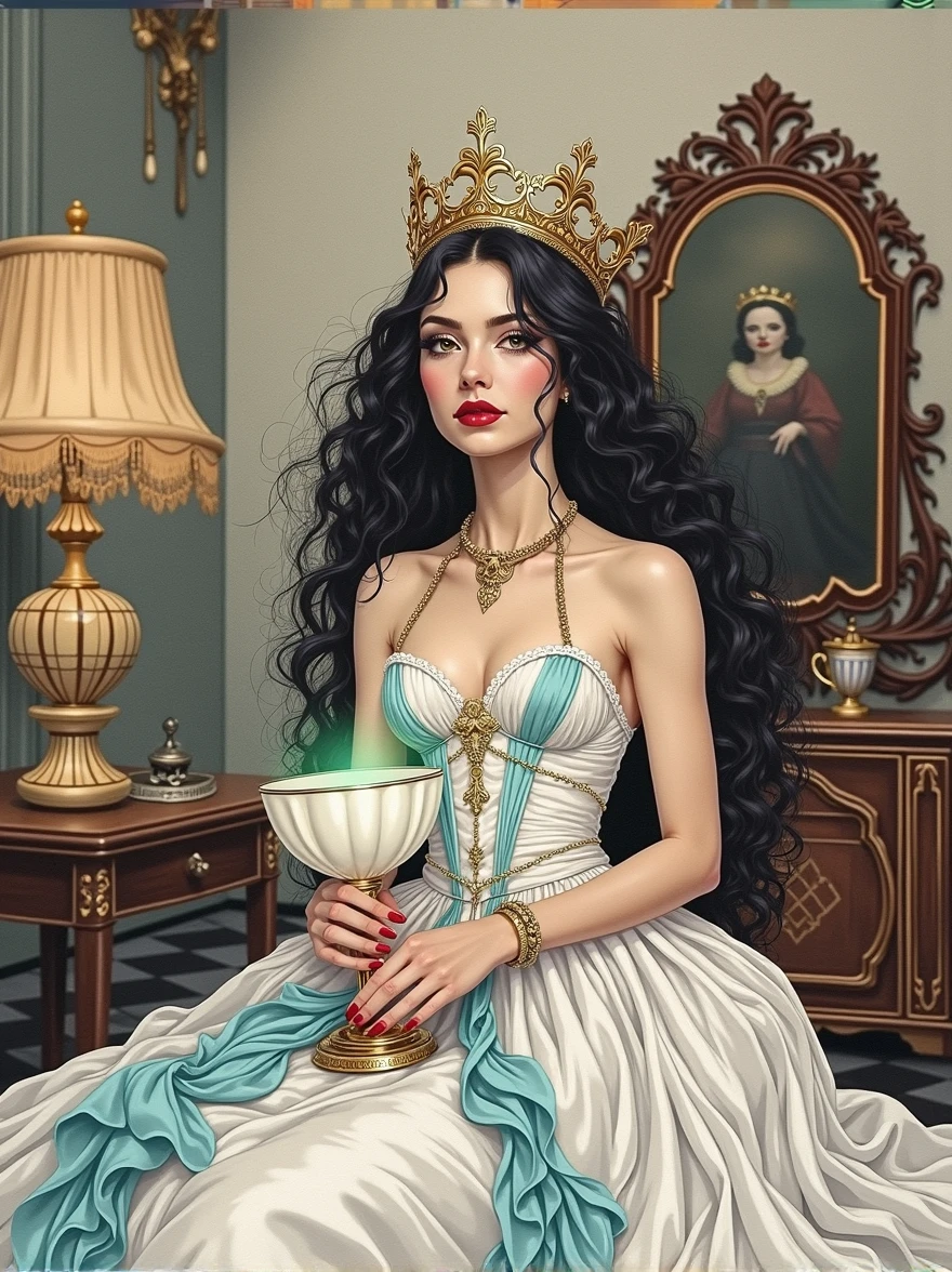 chiaroscuro technique on sensual illustration of an queen of cups, vintage queen, eerie, matte painting, by Hannah Dale, by Harumi Hironaka, extremely soft colors, hint of cyan vibrant, highly detailed, digital artwork, high contrast, dramatic, refined, tonal, highest quality,anatomy correct,ultra-wide-angle,depth of fields