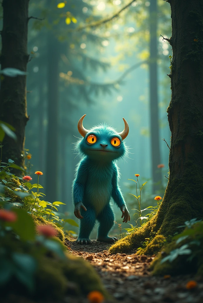 I am the cutest monster on the planet who lives in a magical forest waiting for the hope of the new world to arrive. , very real style magic forest magic colors , 24k unique piece photographic composition piece of art real shadows , composition rules of cinema