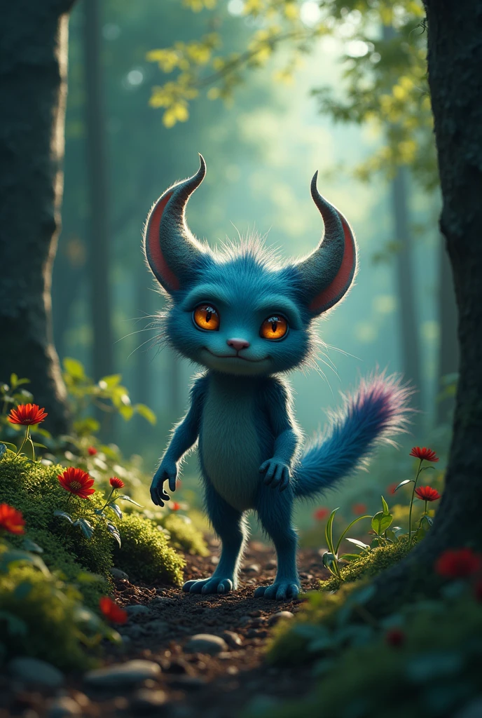 I am the cutest monster on the planet who lives in a magical forest waiting for the hope of the new world to arrive. , very real style magic forest magic colors , 24k unique piece photographic composition piece of art real shadows , composition rules of cinema