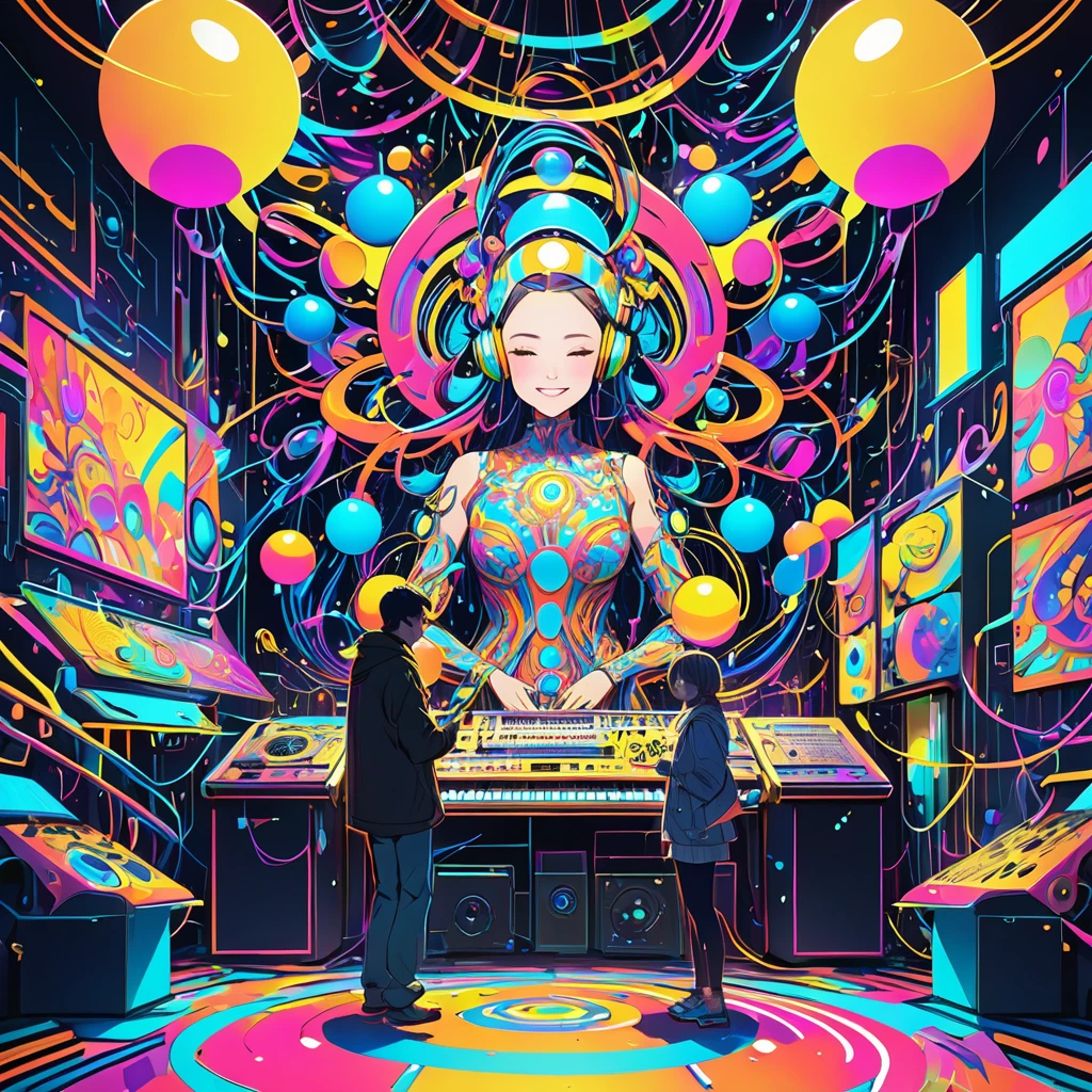 "In a vibrant neon-lit room, a human and a personified AI work together to create music. The human, a smiling man, is at the center, enjoying the public space, adjusting sound controls with a relaxed expression. The AI, depicted as a humanoid figure with glowing circuits and a futuristic appearance, is playing an electric instrument with precision. The background is filled with dynamic, pop-colored bubbles that move energetically, adding a lively atmosphere. Very fine bubble streams and gently moving chains further enhance the dynamic environment. The entire composition is in a neon pop abstract art style, with intricate patterns and vibrant colors. The image should be highly detailed, with a very fine grain texture, resembling a masterpiece in 4K resolution."