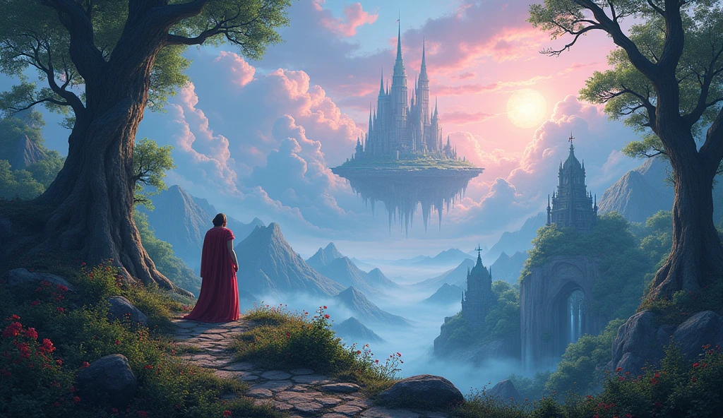 A dynamic fantasy landscape with mystical forests, ancient ruins, and floating islands. The design flows seamlessly across the screen, enhancing but not overpowering the characters. Incorporate a magical, ethereal atmosphere with detailed textures and vibrant colors.