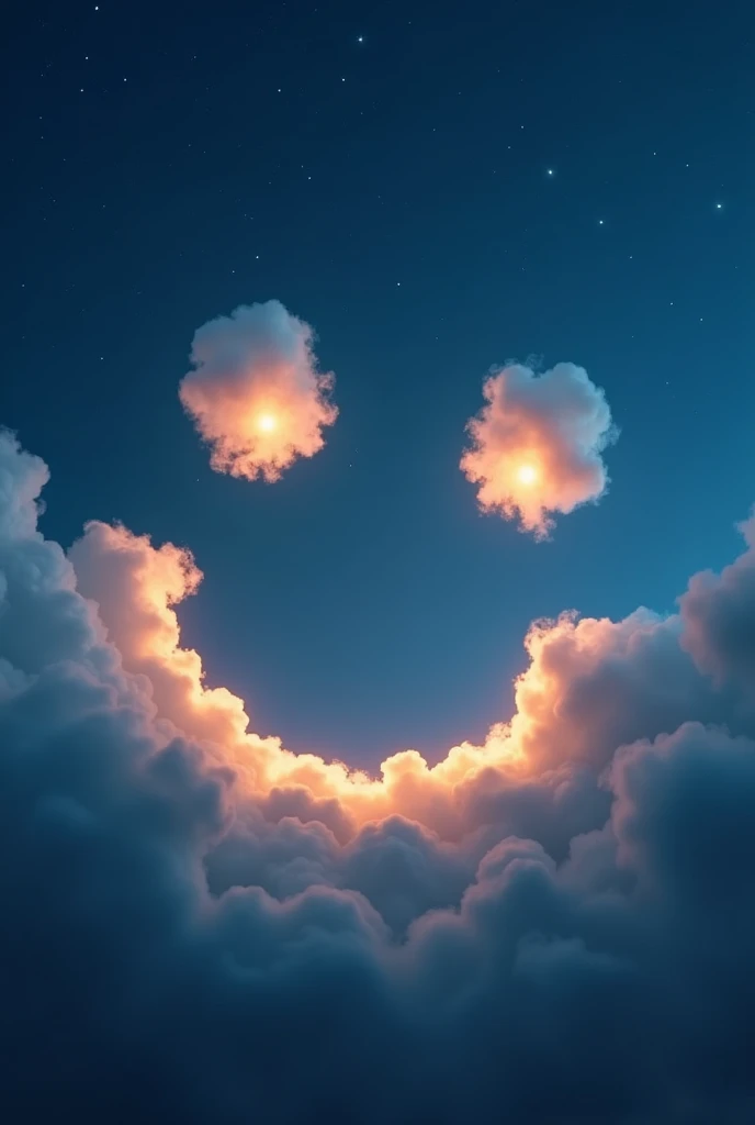 In the sky a smiley face made of clouds with the night behind it