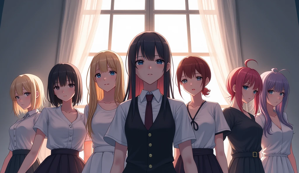Anime-style illustration featuring five sexy middle-aged women with varying hair colors and styles, all with their eyes obscured by shadows. The women are dressed in a mix of formal and casual attire, with some wearing dresses and others in blouses and skirts. The background is a well-lit room with large windows, allowing natural light to stream in. The overall composition emphasizes the contemplative mood of the central figure, contrasted by the mysterious presence of the women.