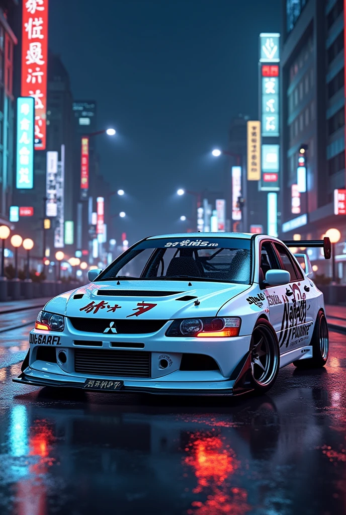 Draw a Mitsubishi Lancer Evo 6 of the 2000's tuning white with letter japaneses with landscape japanese city nocturne 8 bits HD 4k