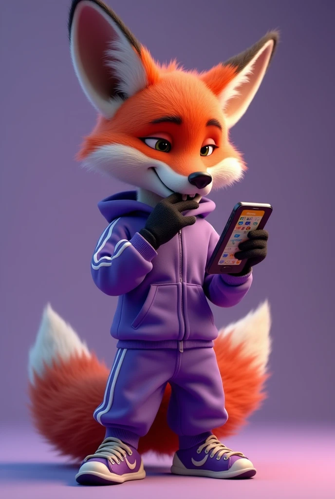 A disney pixar 4d style fox wearing a stylish purple tracksuit dropshipping using and showing off a stylish fashionable cell phone standing happily smiling covering his mouth with a look of contentment with what he is seeing on the cell phone a young mature fox