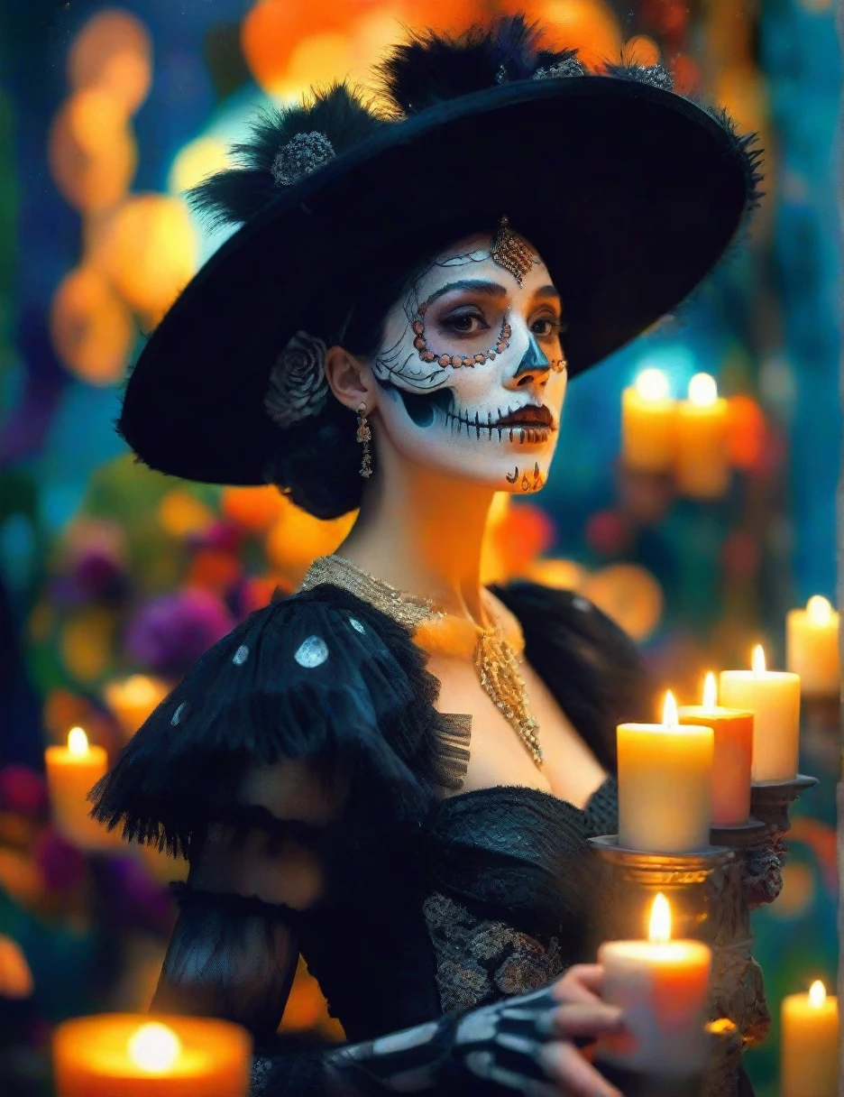 Hiperrealistic cinematic poster of GAL GADOT wearing a gothic vintage dress and a vintage hat adorned with LONG ostrich feathers, The scene is illuminated with tinted lighting CANDLES ON THE CHANEL IN XOCHIMILCO , BACKGROUND WITH TRajineras, creating a warm and mystical atmosphere. WITH A DAY OF DEAD OFFREND. GAL GADOT has calaveric make up, blending elegance with cultural heritage. Behind her, there is a natural water cHANEL surrounded by natural WOOD, with a bokeh effect in the background. Soft raindrops fall, gently illuminated by GLOW WORM t in the background. The poster has a standard cinematic size of 24x36 inches. Ultra-detailed, 4K resolution." 4k, hyperrealistic, cinematic lighting, vintage fashion, Day of the Dead, Catrina makeup, orange lighting, bokeh